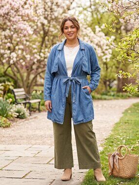 Mason by Suki Chambray Belted Tencel Trench Jacket Spring Denim Duster Large